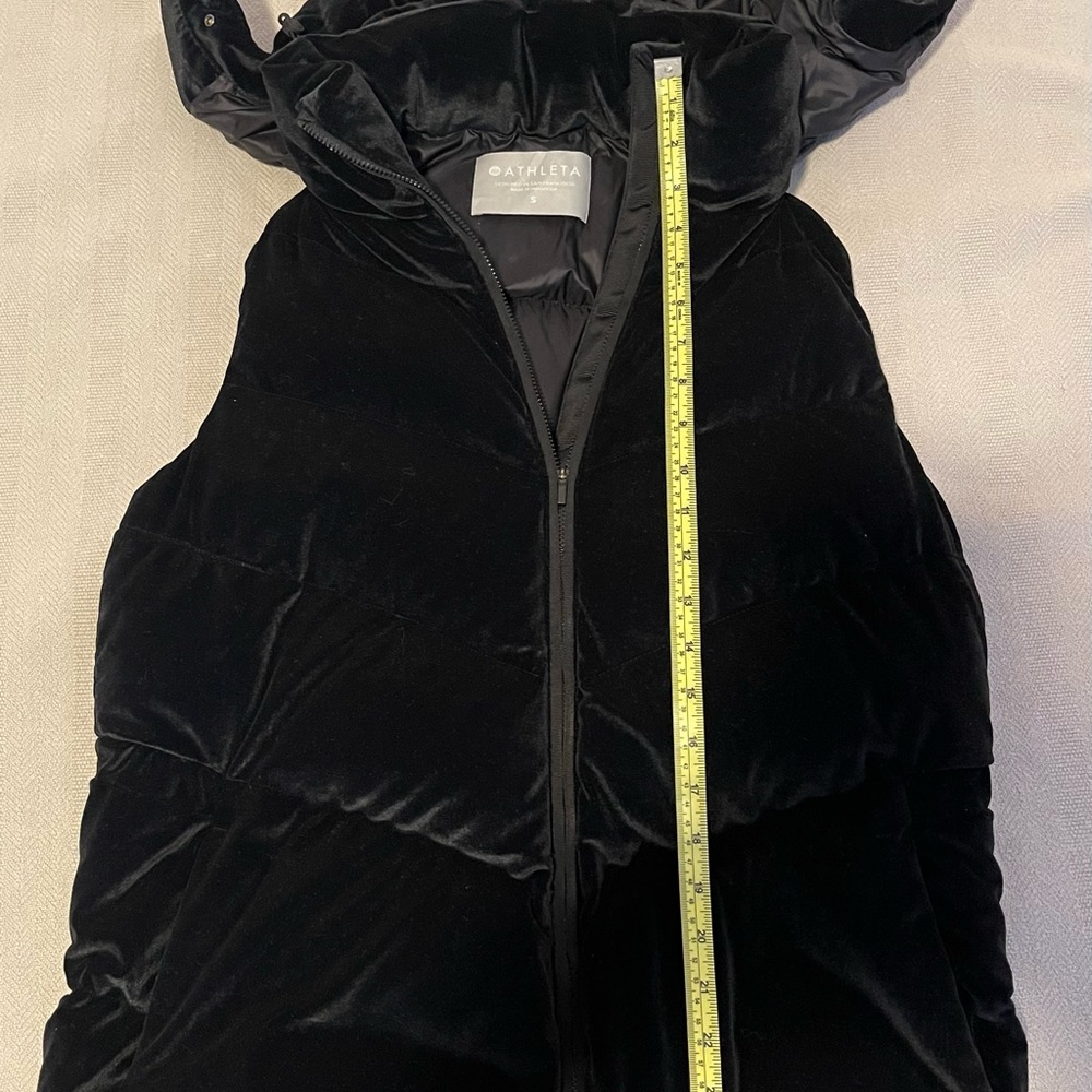 Athleta Lofty Velvet down vest with zip off hood.